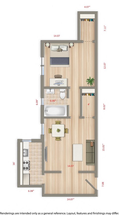 chatham courts one bedroom floor plan rendering in washington dc